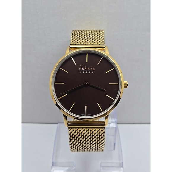 Dakota Steel Gold Mesh Quartz Analog Watch Brown Dial Dressy New Battery Unisex - Picture 1 of 9